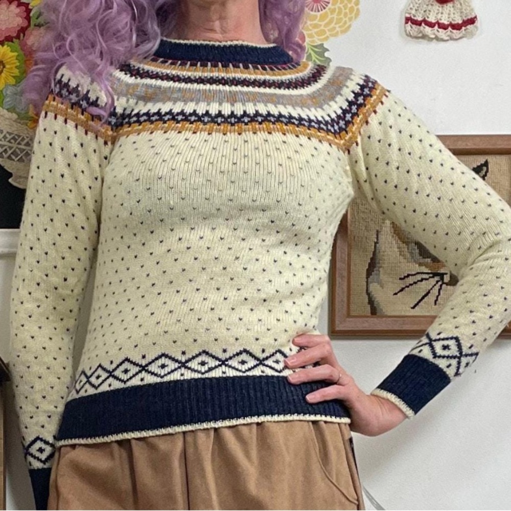 Vintage Fair Isle Crewneck Sweater in Gold + Navy, 1970s XS